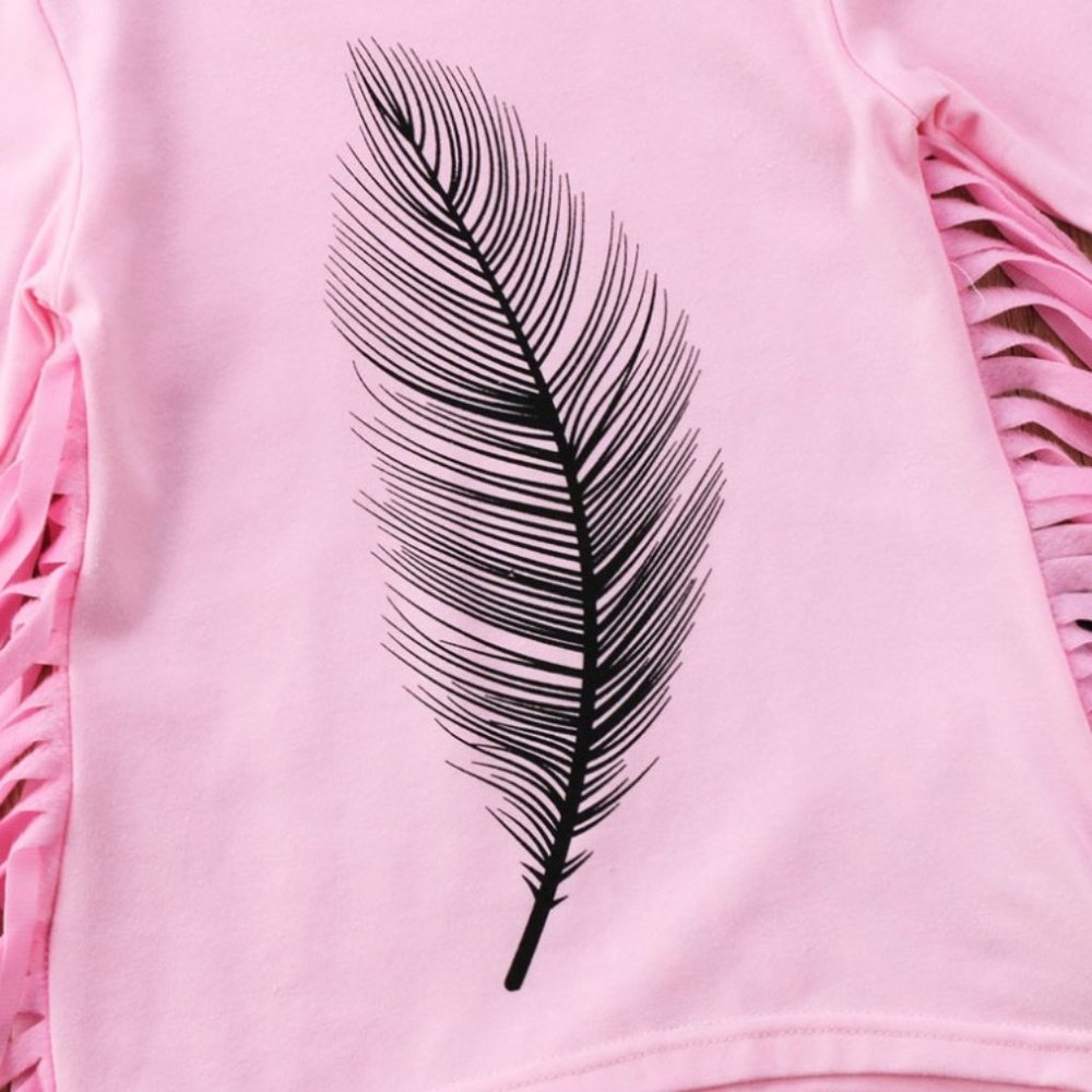 Girls outfit set pink feather boho top pants - Picture 5 of 7